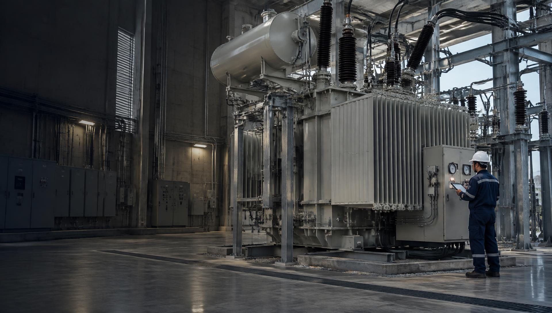 Transformador eléctrico bajo inspección técnica